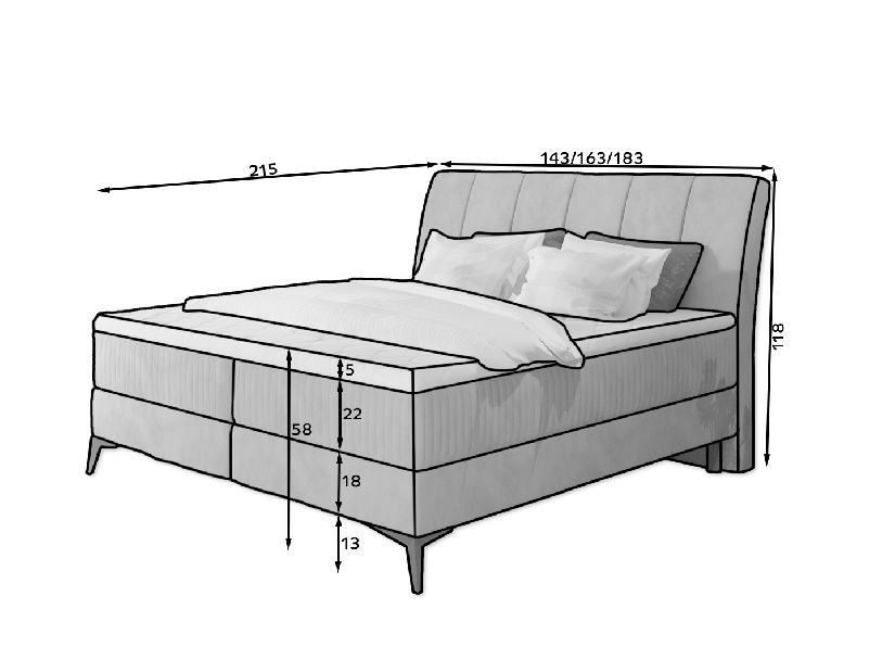 Pat matrimonial Boxspring 140 cm Alberto (gri închis) (cu saltele)