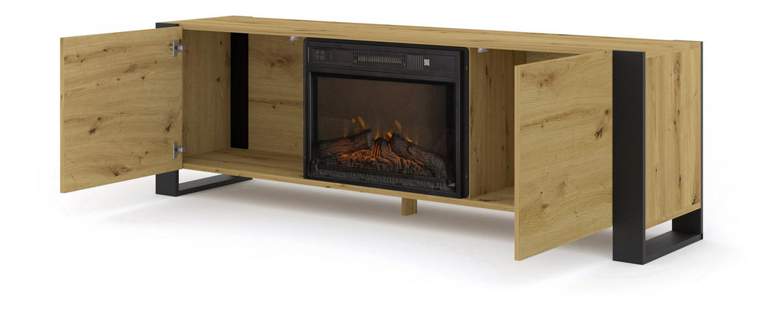 Masă TV cu șemineu Montana (Stejar artisan + Negru)