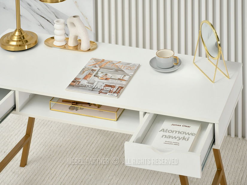 Masă PC Gavon (lemn alb + auriu)