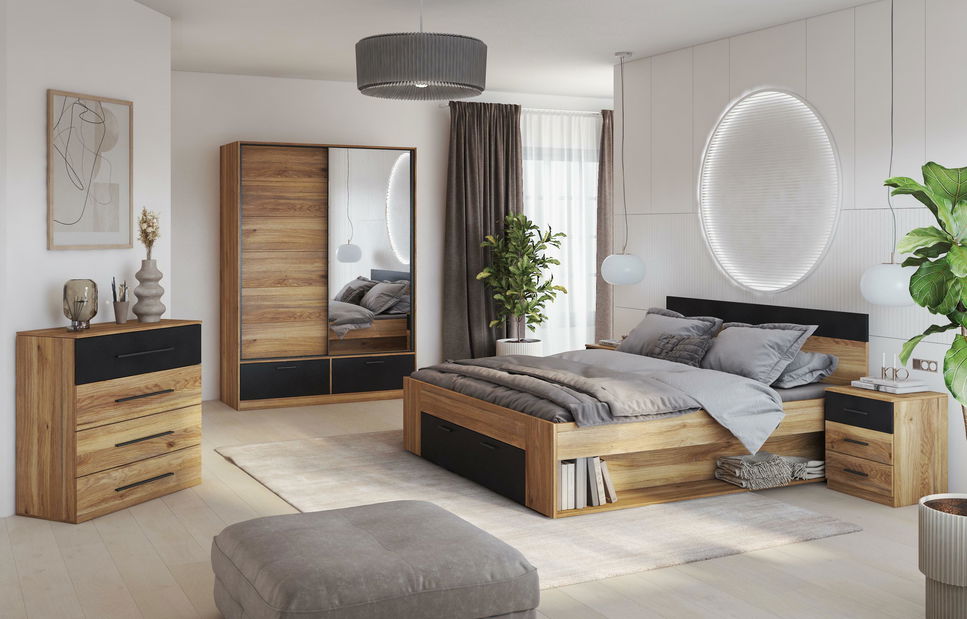 Dulap de haine cu uși culisante Benson MW63 (stejar mauvella + negru) (cu oglindă)