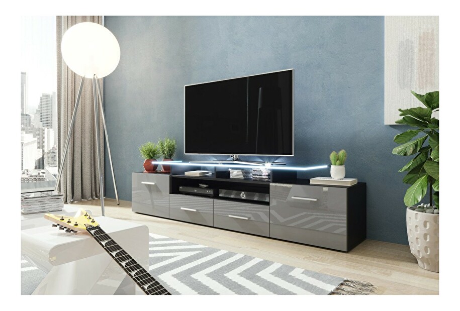 TV stolík + skrinka Blaise (čierna + lesk sivý) (osvetlenie LED biele)