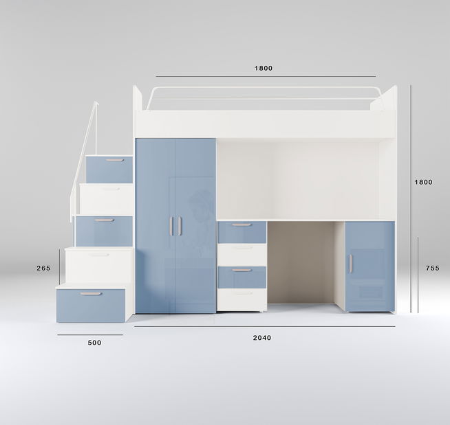 Dječji krevet Ruby IV S (bijela + svijetloplavi sjaj) (s podnicom)