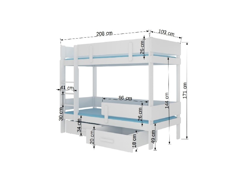 Poschodová detská posteľ 200x90 cm Ellen (s roštom a matracom) (biela + truflová)