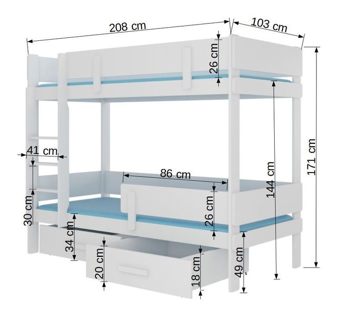 Emeletes gyerekágy 200x90 cm Ellen (ágyráccsal és matraccal) (szürke + fehér)