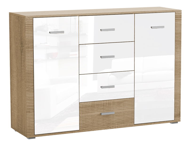 Komoda Savona 2D4S (lesk biely + dub sonoma)