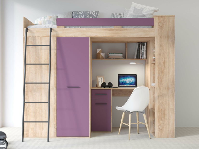 Poschodová posteľ 90 cm Vivian (L) (s roštom) (dub sonoma + fialová)