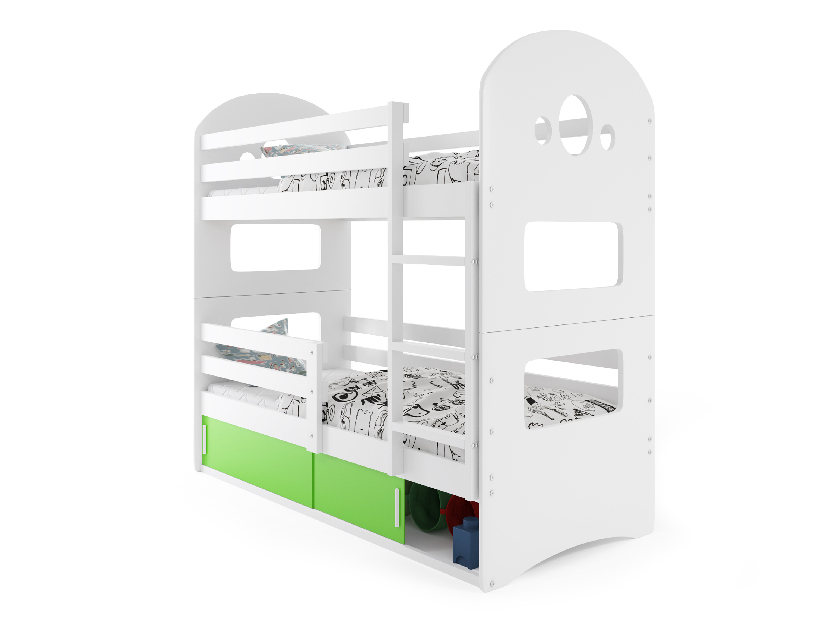 Emeletes ágy 80 x 160 cm Domur (fehér + zöld) (ágyrácsokkal és tárolóhellyel)