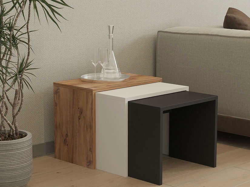 Set 3buc. măsuțe cafea Kuduve (antracit + stejar + alb)