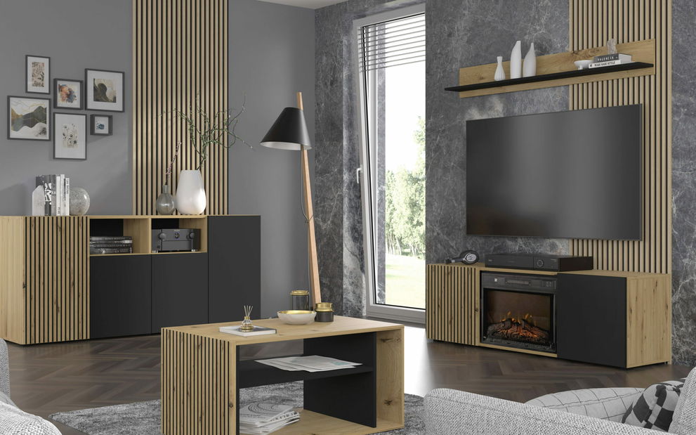 Masă TV cu șemineu Aurella (Negru + Stejar artisan)