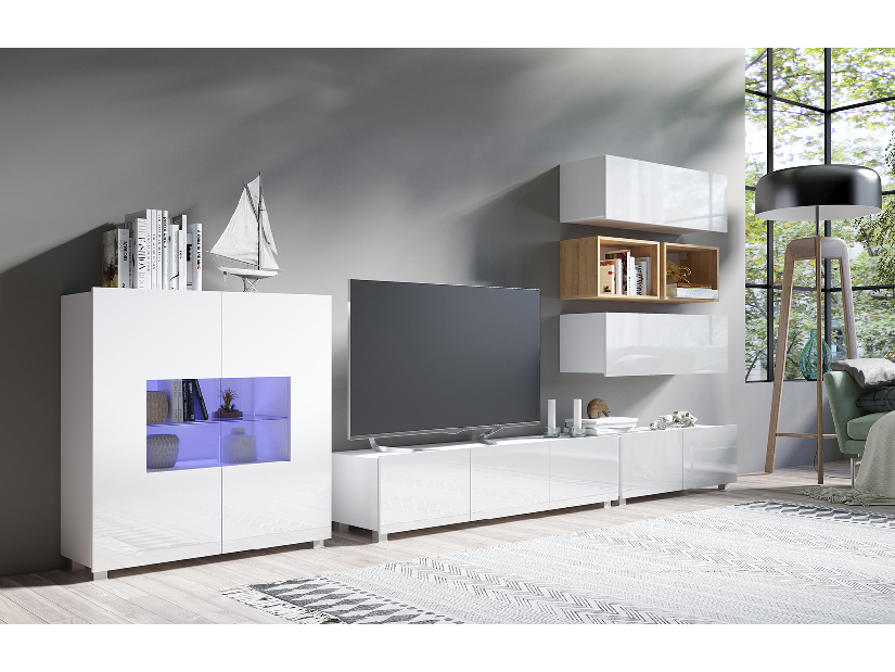 Mobilier living Calabria C28 WHITE (Alb + Stejar auriu) (fără iluminat)