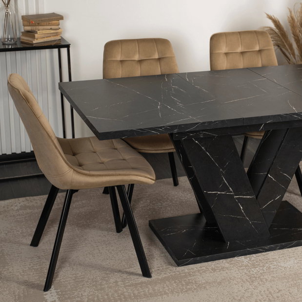 Masă sufragerie extensibilă Comentado (marmură negru + auriu) (pentru 4-6 persoane)