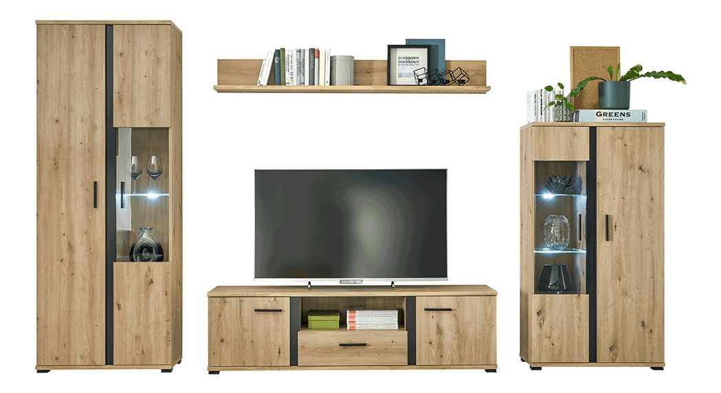 Mobilier living Kardun (stejar artisan + negru) (Cu iluminat LED)