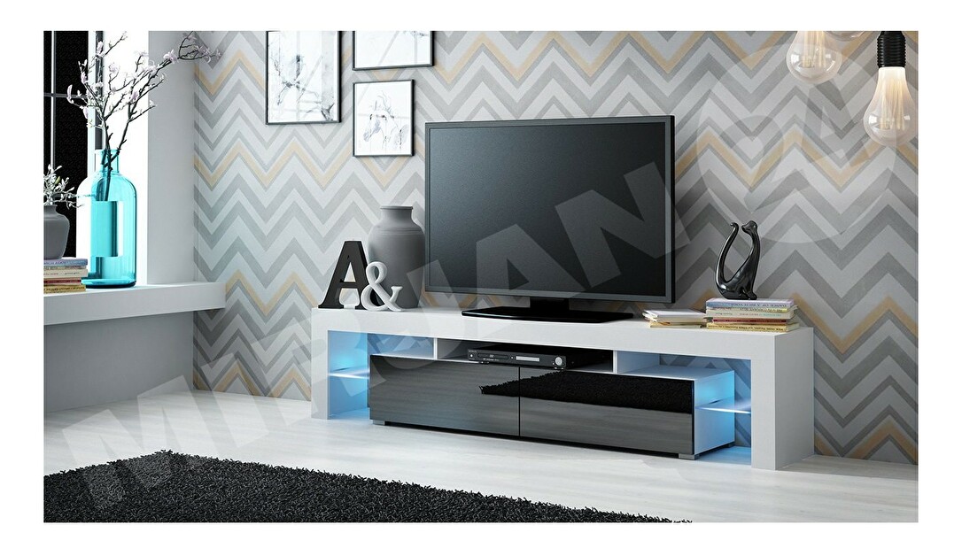 TV szekrény Milos (fehér + fényes fekete) (kék LED világítás)