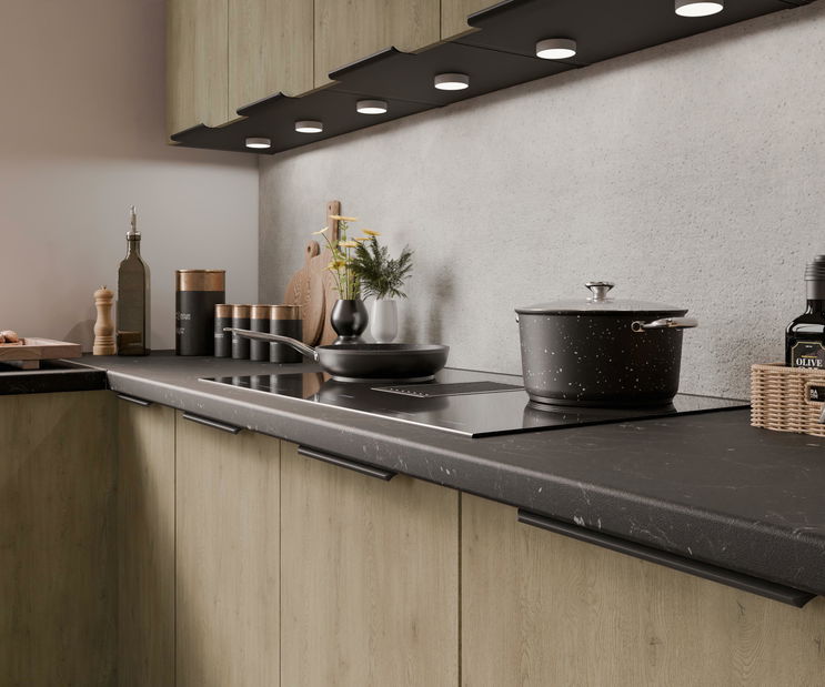 Bucătărie de colț Carminia (stejar cremona + negru)