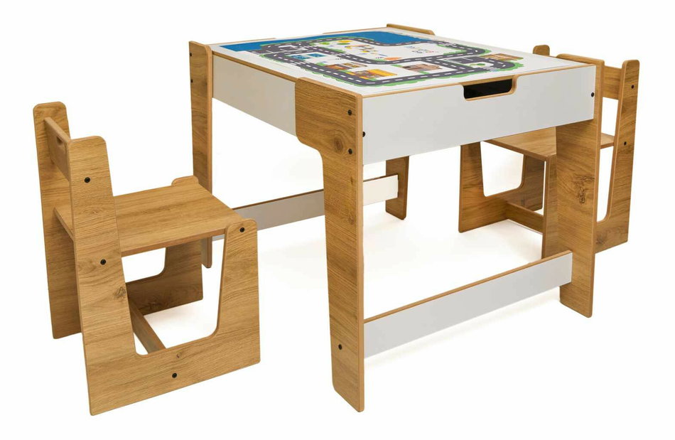 Set detský stolík a 2 stoličky Pidili 5 (biela + naturálna)
