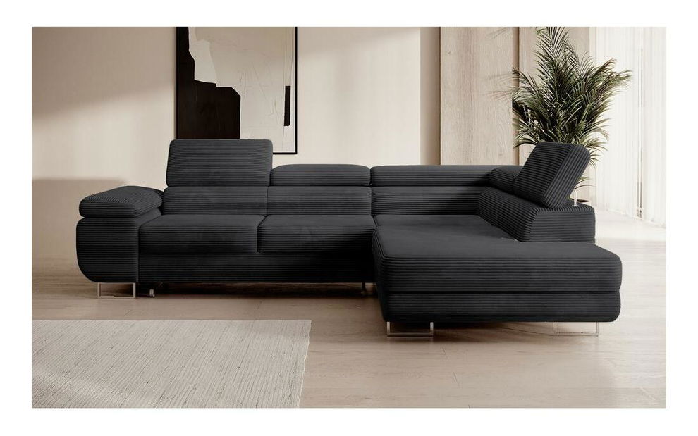 Rohová sedacia súprava Stiletto (P) (čierna + strieborná)