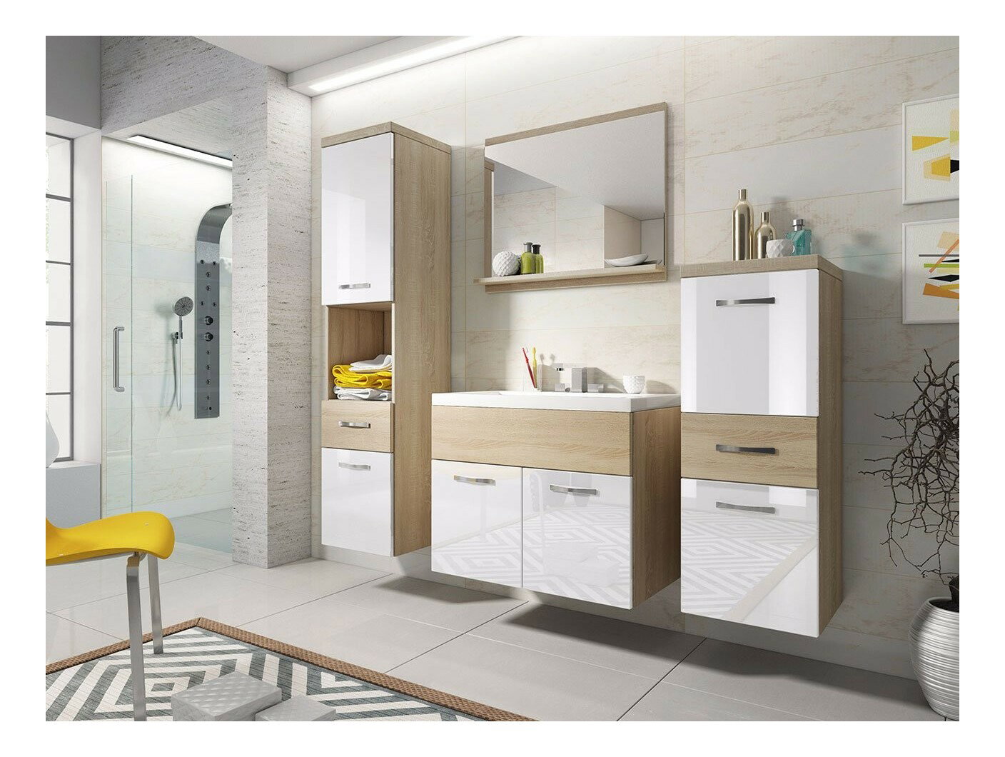 Kúpeľnový nábytok Lunara (dub sonoma + dub sonoma + biely lesk) (bez sifónu, bez batérie)