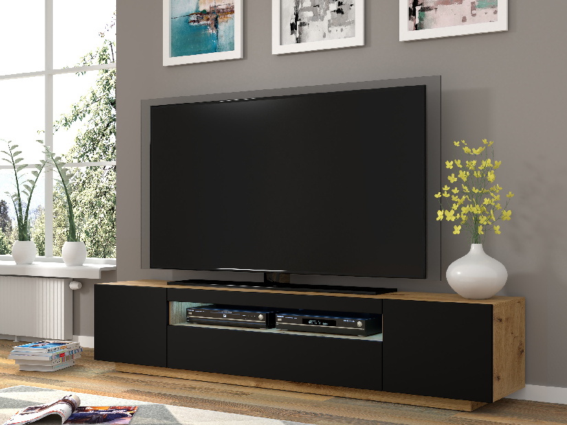 TV stolík/skrinka Aurora 200 (dub artisan + čierna matná) (LED)