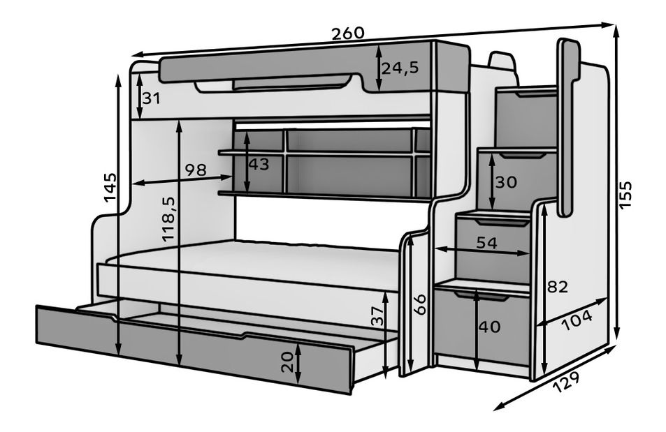 Pat etajat pentru copii 200x90 cm, 200x120 cm Homer (cu somieră) (Alb)