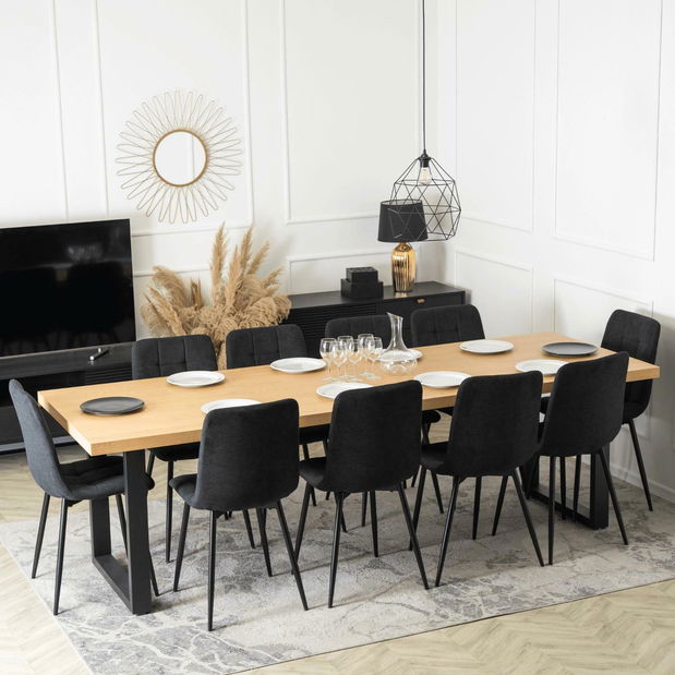 Blagovaonski stol na razvlačenje Escuchan (zlatni hrast + crna) (za 6 do 10 osoba)