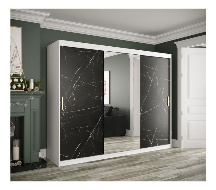 Šatníková skriňa 250 cm Marbelo T1 (matná biela + čierny mramor)