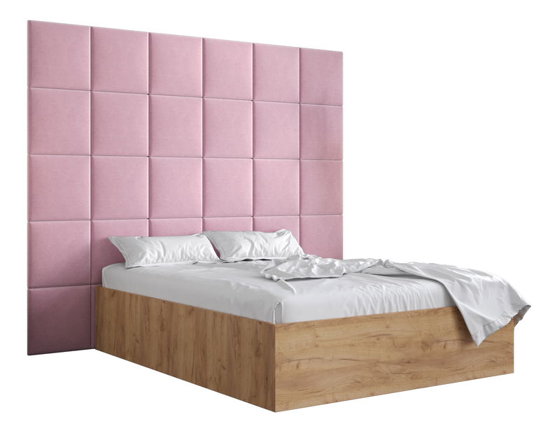 Pat matrimonial cu tăblie tapițată 160 cm Brittany 3 (Stejar craft auriu + roz) (cu somieră)