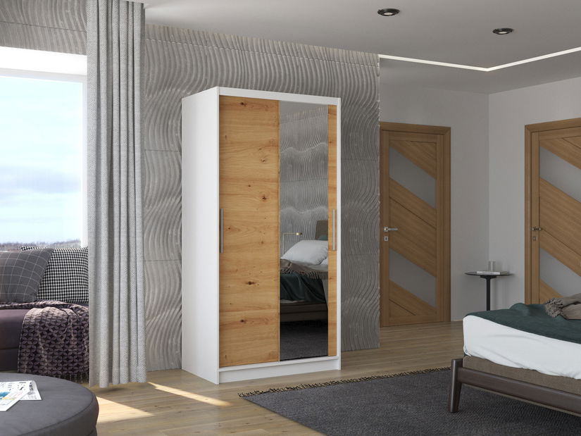 Ruhásszekrény Beral (fehér + artisan tölgy) (tükörrel)