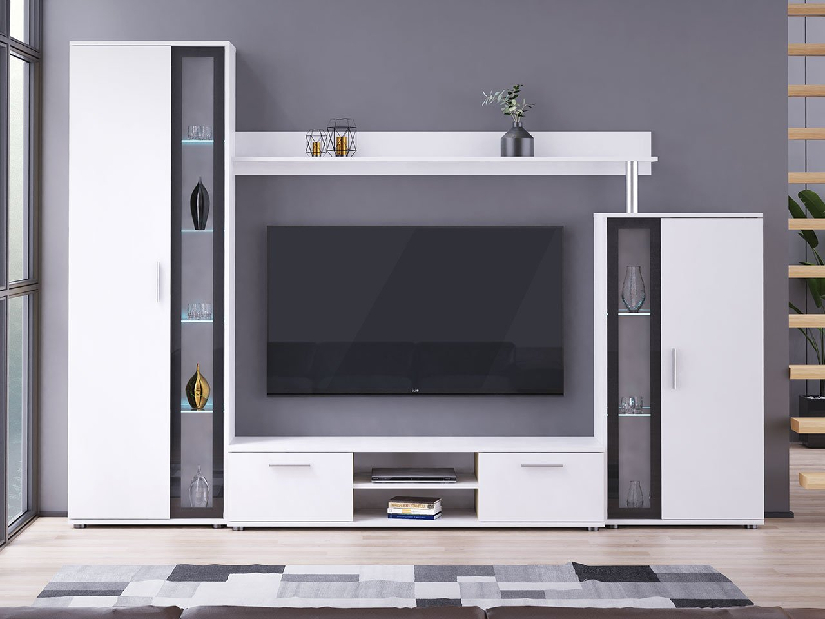 Mobilier living Orenia (Alb + Alb + sticlă neagră) (iluminat LED Alb)