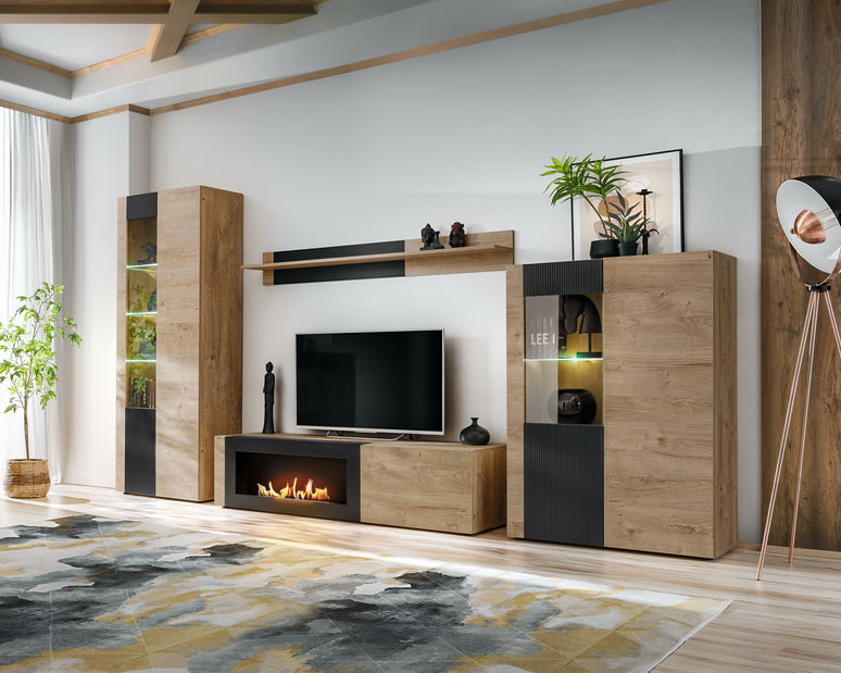 Mobilier living Aruno AR-K (Stejar ribbeck + Negru) (cu iluminat) (cu bioșemineu)