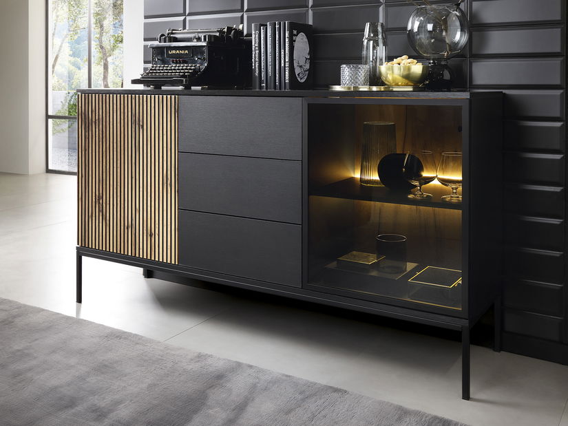 Comodă combinată Silvano KSZ154 (Negru + Stejar wotan) (cu iluminat LED)