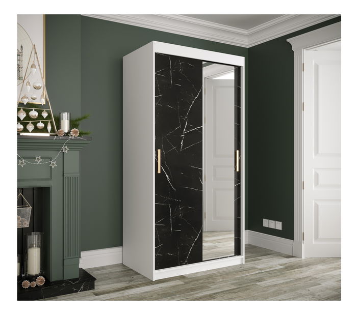 Šatníková skriňa 100 cm Marbelo T2 (matná biela + čierny mramor)