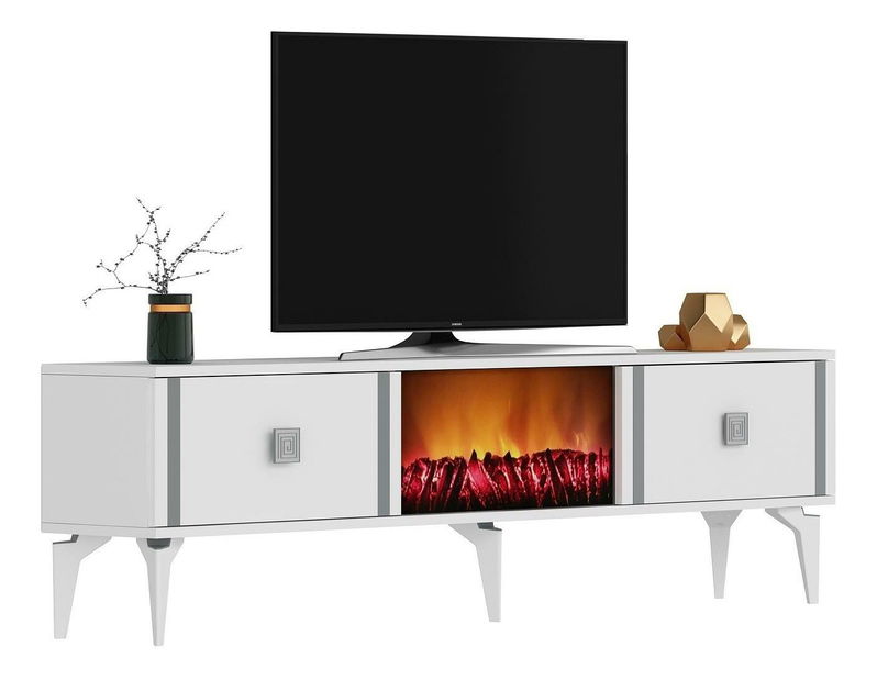 Masă TV/Dulap cu șemineu Tobuvu 2 (alb + argintiu) 