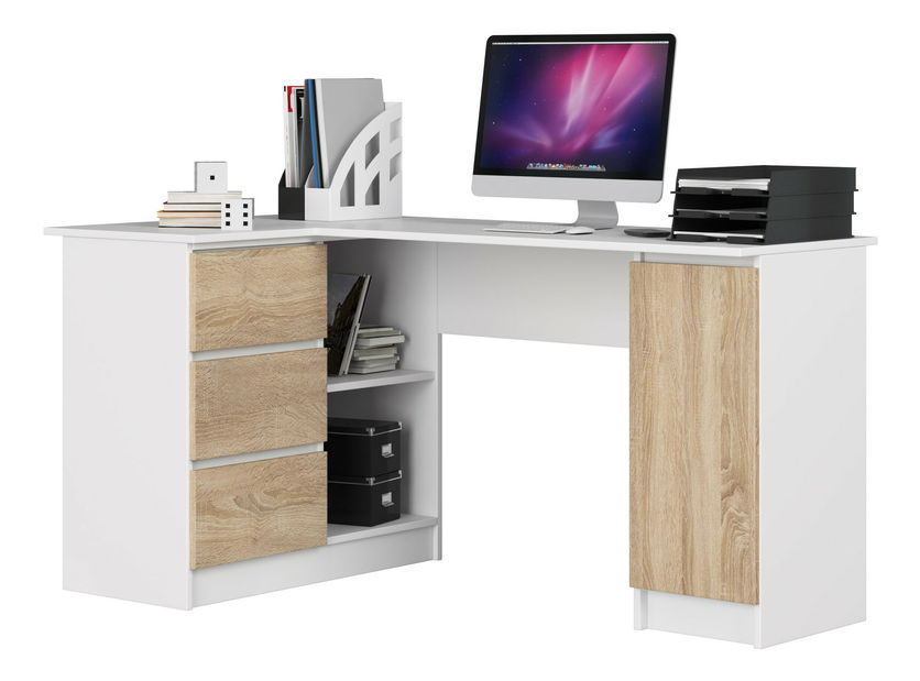 Rohový PC stolík Bienvenida (biela + dub sonoma) (L)