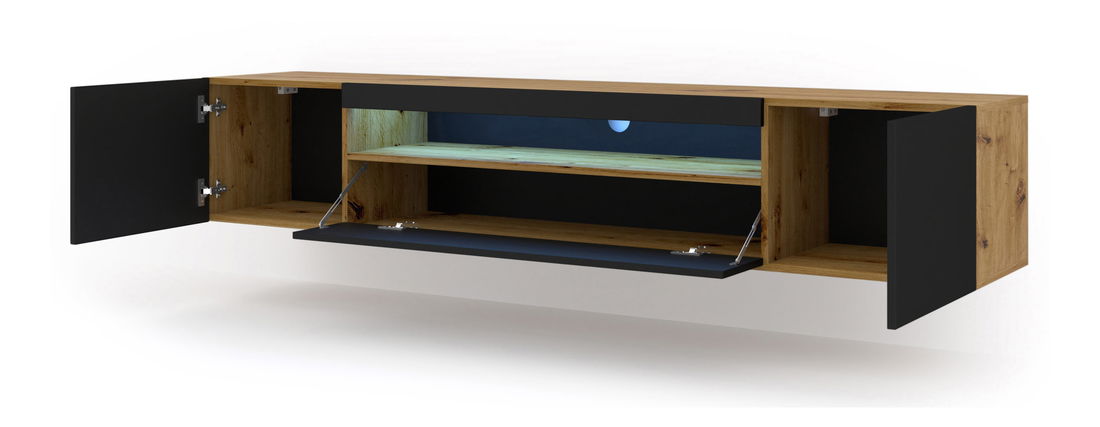 Masă TV/Dulap Aurinko 200 (Stejar artisan + Negru mat) (cu iluminat)