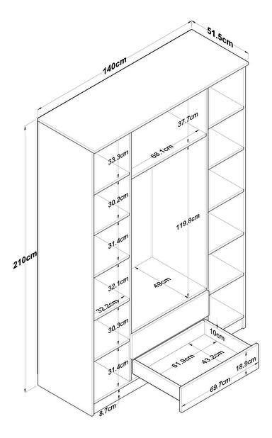 Ruhásszekrény Bastet 2331 (dió + fehér) 