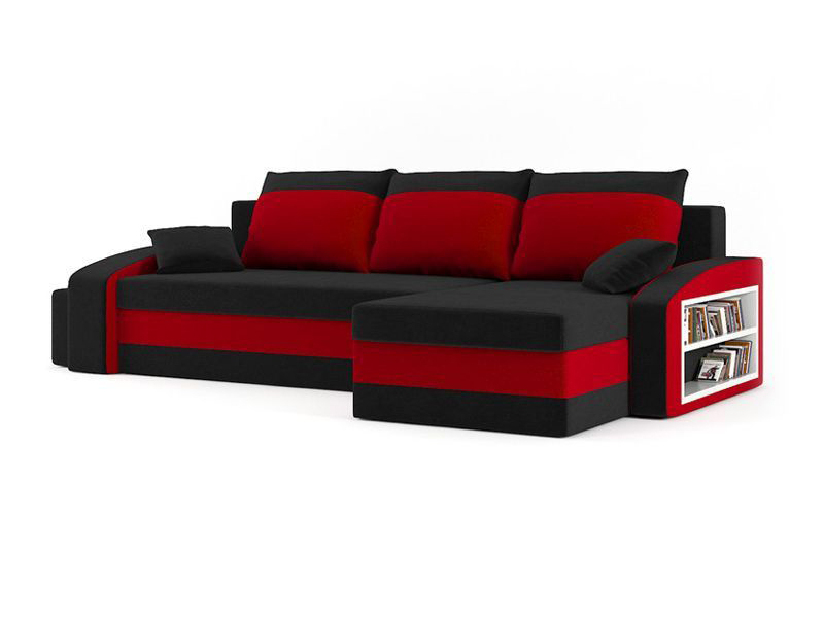 Rohová sedačka Hasina (čierna + červená) (s poličkou a taburetkou) (s bonell pružinami) (P)