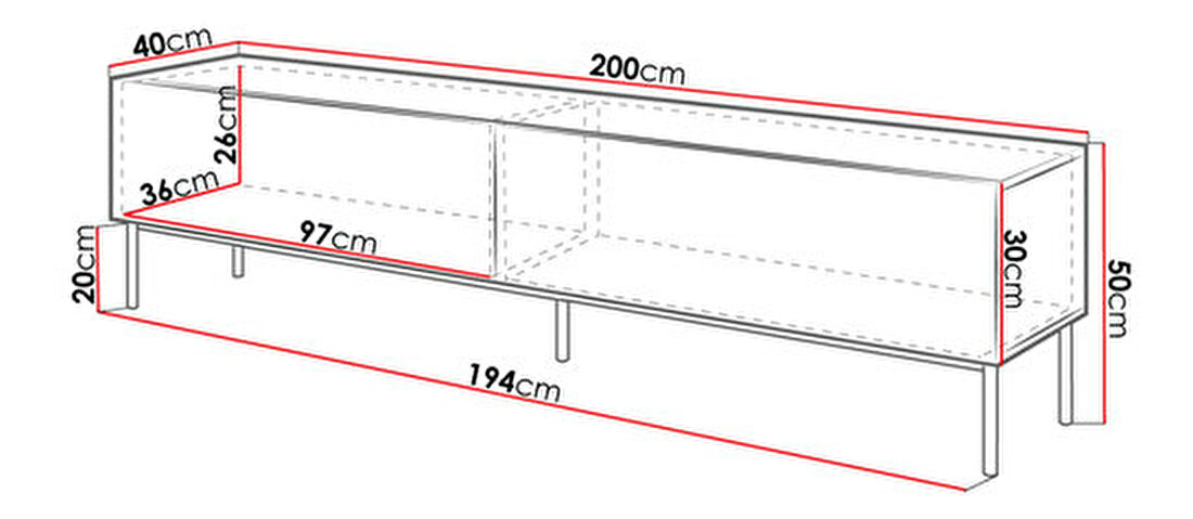 TV skrinka/stolík 200 s kovovým rámom Kody (Biely + Biely lesk + Zlatá)