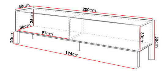 TV skrinka/stolík 200 s kovovým rámom Kody (Biely + Biely lesk + Zlatá)