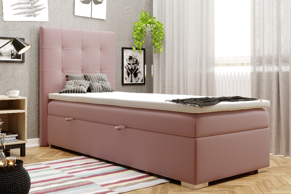 Jednolôžková posteľ Boxspring 90 cm Denny (s úložným priestorom) (ružová)