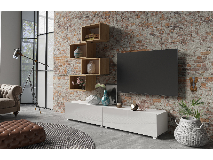 Mobilier living Calabria C30 WHITE (Alb + Stejar auriu) (fără iluminat)