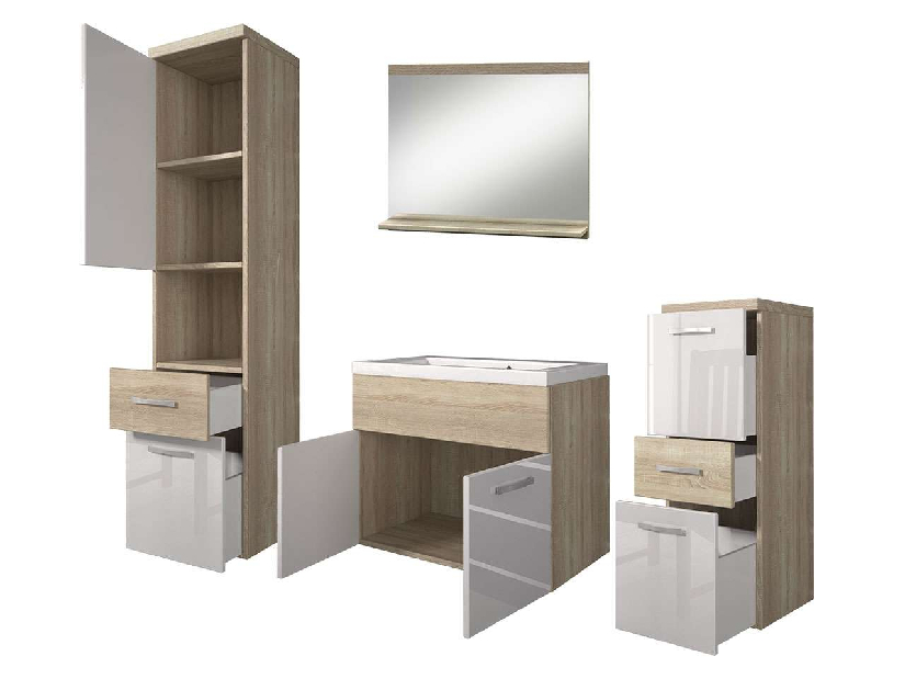 Mobilier baie Lunara (stejar wotan + Alb lucios + stejar wotan) (cu sifon, cu baterie Platino)