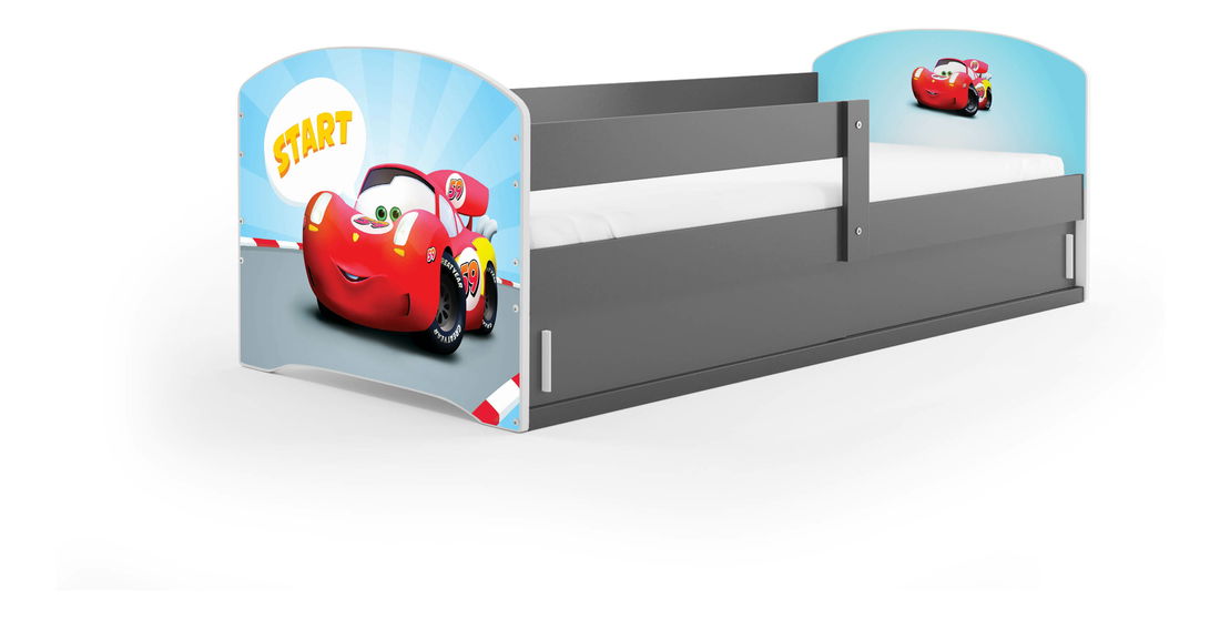 Pat pentru copii 80 x 160 cm Lukan (grafit + Motiv cars) (cu somieră, saltea și sp. depozitare)