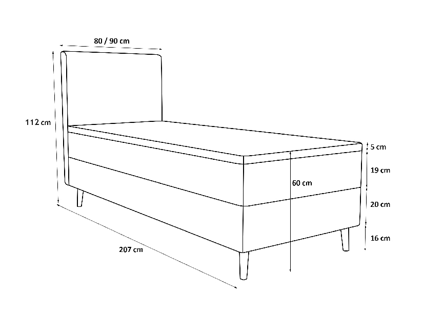 Pat de o persoană 80 cm Napoli Comfort (Gri) (cu somieră, fără sp. depozitare)