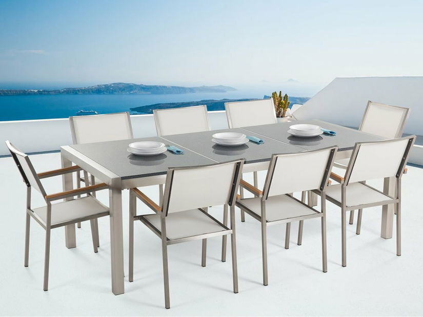 Set de masă pentru grădină Grosso (gri închis) (scaune albe) (pentru 8 persoane) (granit)