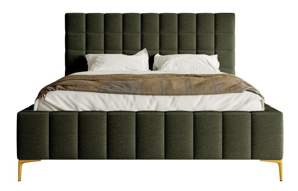 Pat matrimonial 140 cm Sheldona 140 (cu somieră) (cu sp. depozitare) (măslin + auriu)