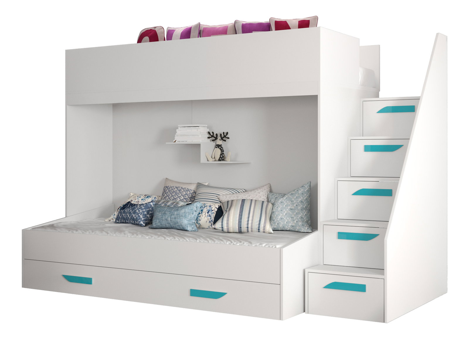 Pat pentru copii combinat 90 cm Puro 16 (alb mat + alb lucios + mânere Turcoaz)