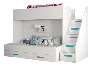 Pat pentru copii combinat 90 cm Puro 16 (alb mat + alb lucios + mânere Turcoaz)