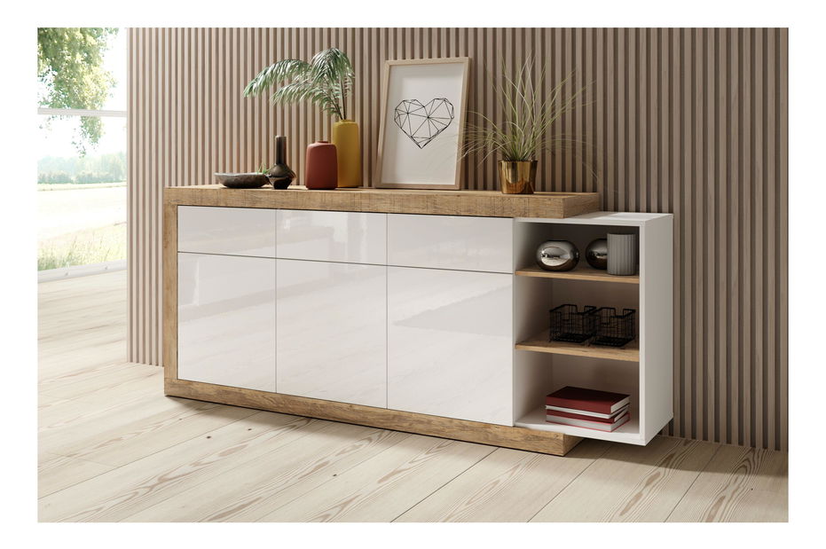 Comodă Sophia Typ 25 (stejar samdal + alb + alb lucios)
