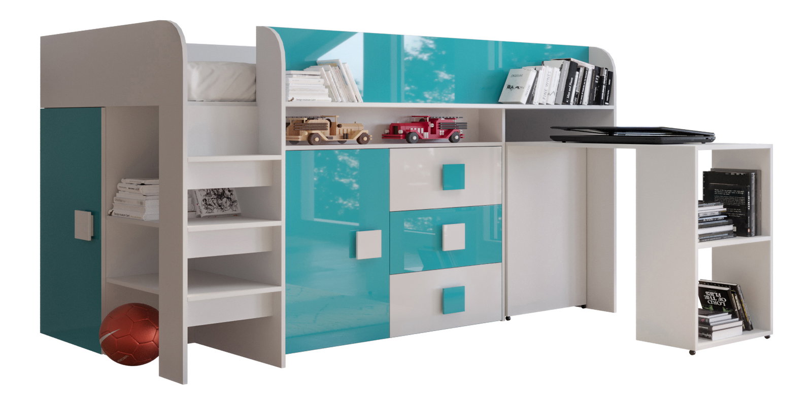 Detská kombinovaná posteľ 90 cm Toreno 1 (biela + biely lesk + tyrkysový lesk)