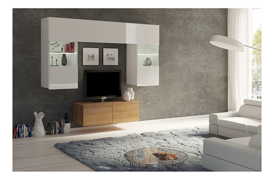 Mobilier living Calabria C10 (Alb + Stejar auriu) (fără iluminat)